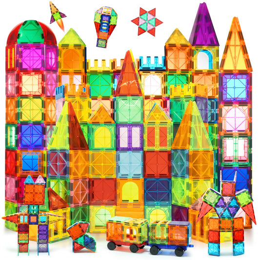 LBOLHZO 130 PCS Magnetic Tiles,Magnetic Building Blocks Tiles 3D Clear Construction,Magnet Building Set with 2 Cars,STEM Educational Magnet Toy Set Gift for Toddlers Kids Boys 3 4 5 6 7 8 9+ Year Old