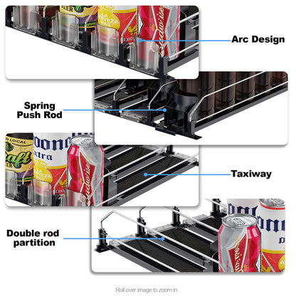 JUNMEI Drink Organizer for Fridge，12oz 16oz 20oz - Soda Can Dispenser for Refrigerator，Width Adjustable，Automatic Pusher Glide，15" D, Black，3 ROWS