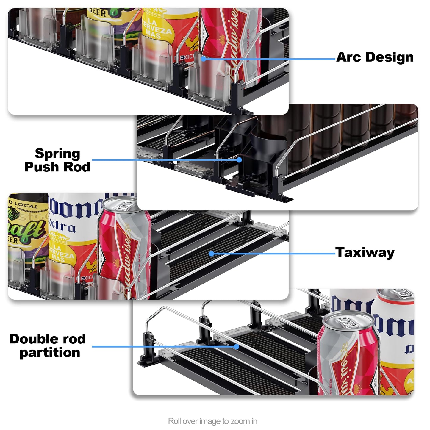 JUNMEI Drink Organizer for Fridge,12oz 16oz 20oz - Soda Can Dispenser for Refrigerator,Width Adjustable,Automatic Pusher Glide,15" D,Black,3 ROW,Holds 15 Bottles