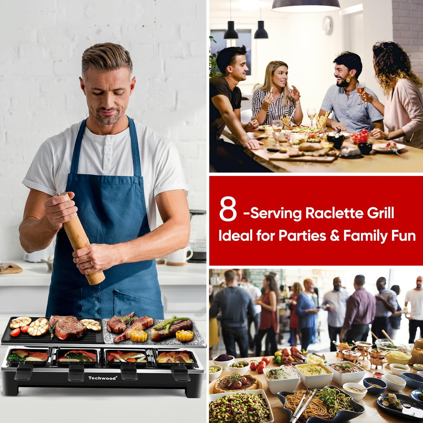 Raclette Table Grill, Techwood Electric Indoor Grill Korean BBQ Grill, Removable 2-in-1 Non-Stick Grill Plate, 1500W Fast Heating with 8 Cheese Melt Pans, Ideal for Parties and Family Fun