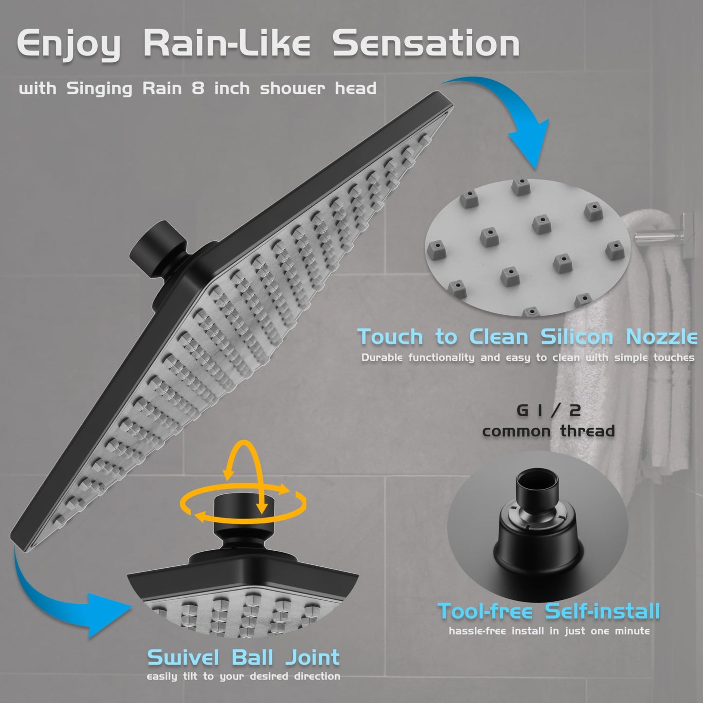 Singing Rain 8" Square Rain Shower Head