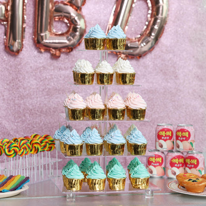 Antimbee 5 Tier Cupcake Stand, Clear Acrylic Cupcake Holder - Square Tower Display for Dessert Table + LED Light String, Cupcake Stand for Weddings/Birthday/Anniversary/Dating/Party Events