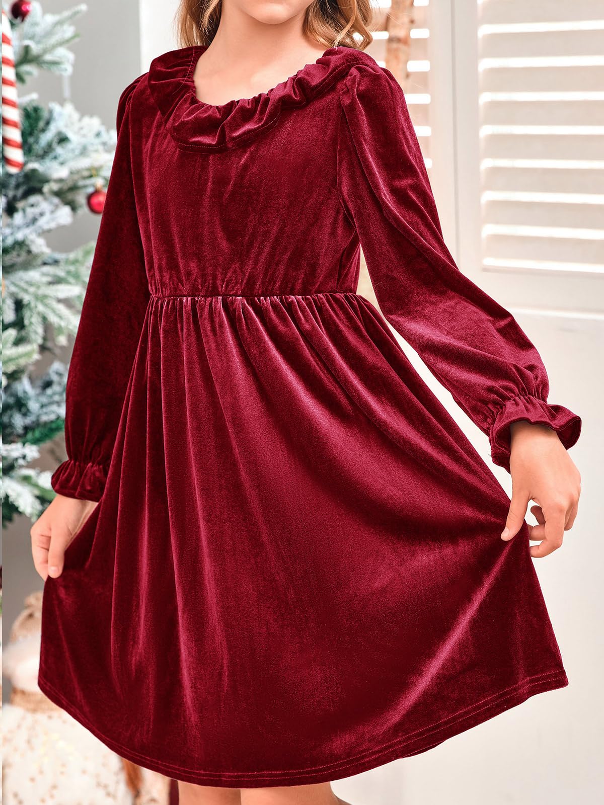 Girls Long Sleeve Velvet Ruffle Dress 5-14 Years