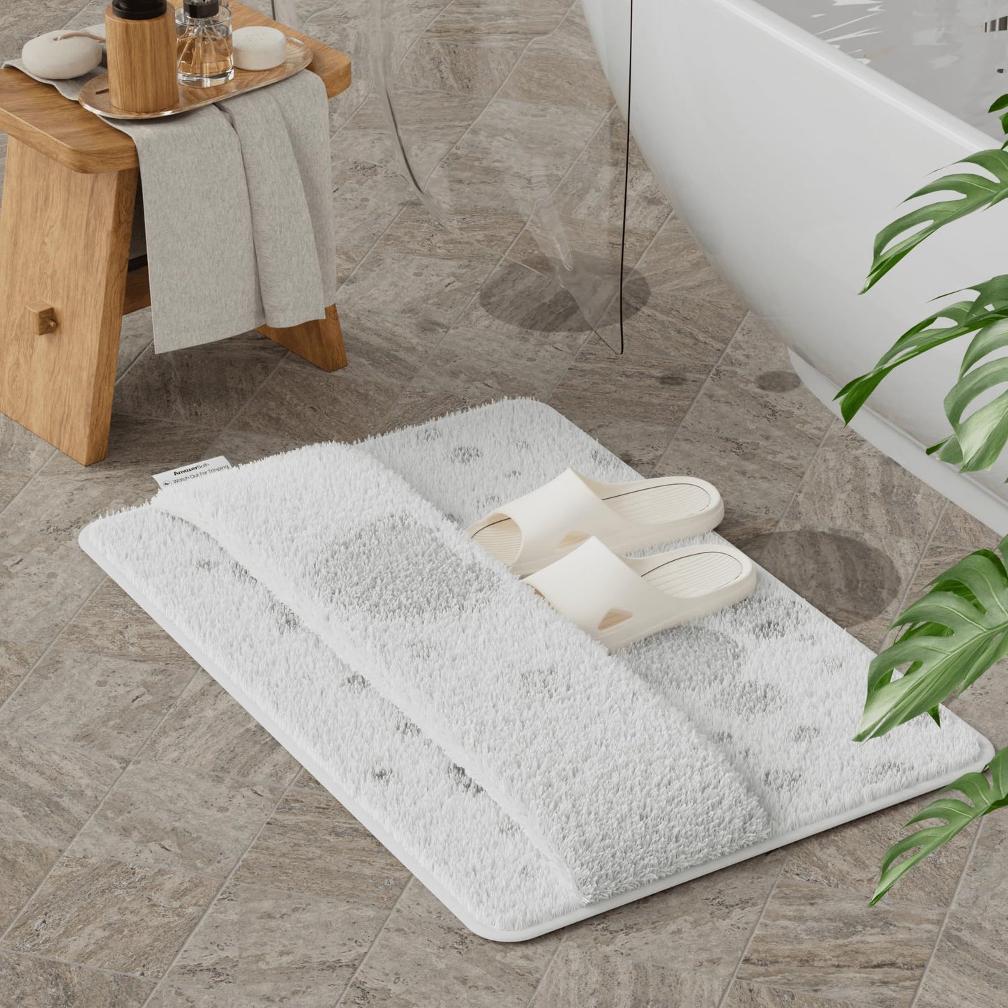 AmazerBath Bathroom Rugs, Original 2-in-1 Wipe & Quick Dry Shower Rug, Soft Absorbent Bath Rugs 24"x16", Non Slip Bath Mat 2 Tier Bottom, Washable Bath Mats for Bathroom Floor, White Bath Mat Carpet