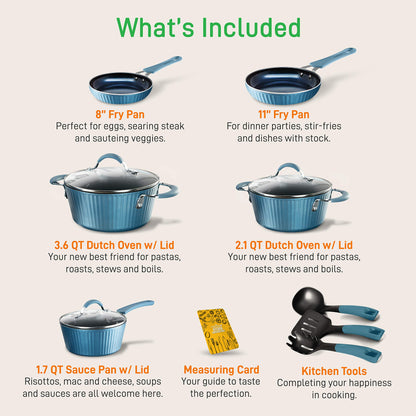 NutriChef Nonstick Cookware Excilon Home Kitchen Ware Set with Saucepan, Frying Pans, Cooking Pots, Lids, Utensil PTFE/PFOA/PFOS Free, 11 Pcs, Blue