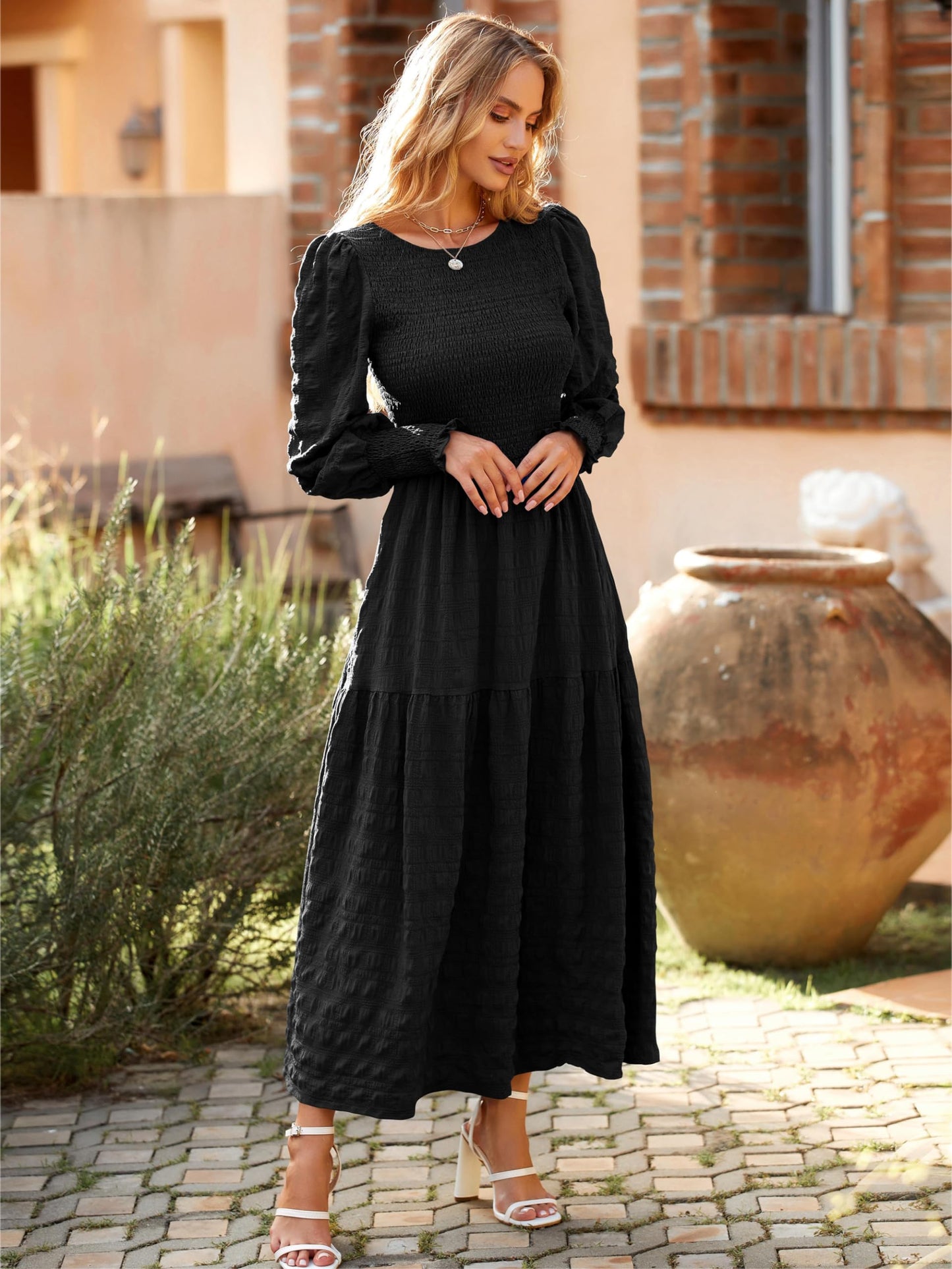 PRETTYGARDEN Women 2024 Puff Long Sleeve Crewneck Smocked Maxi Dress Solid Empire Waist Tiered A-line Swing Flowy Long Dress(Black,X-Large)