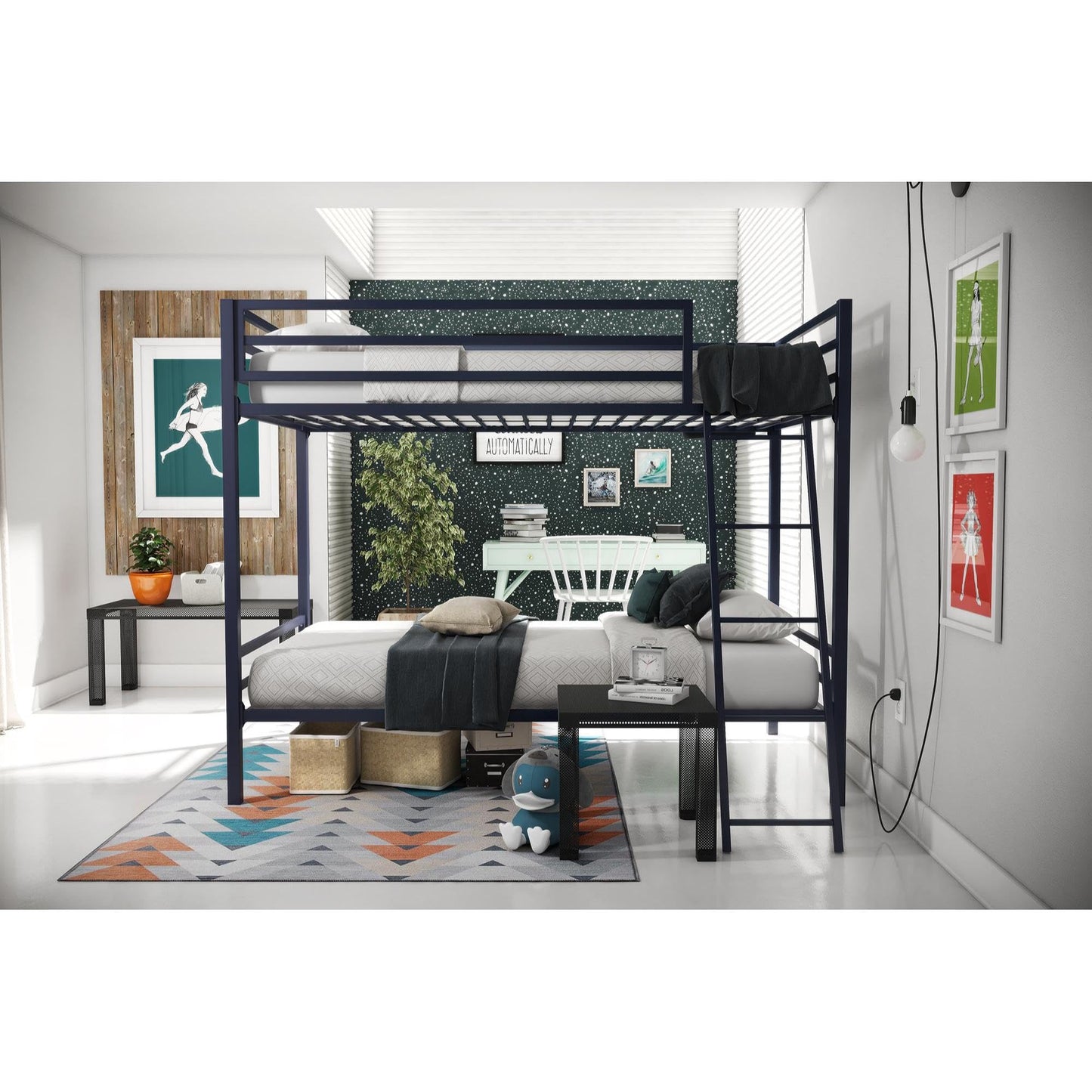 Novogratz Maxwell Twin-Over-Twin Metal Bunk Bed with Ladder and Guardrails, Navy Blue