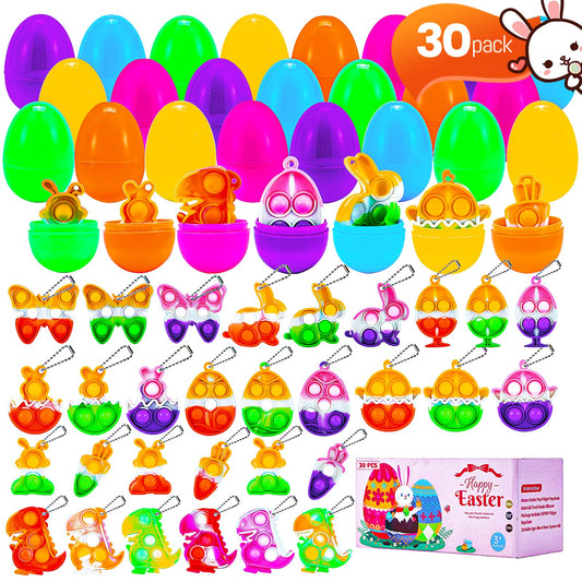 30 PCS Pop Easter Basket Stuffers for Kids Easter Egg Fillers Easter Party Favors Mini Pop Fidget Keychain Its Bulk Small Goodie Bags Stuffers for Toddler Boys Girls Prefilled Easter Eggs with Toys It
