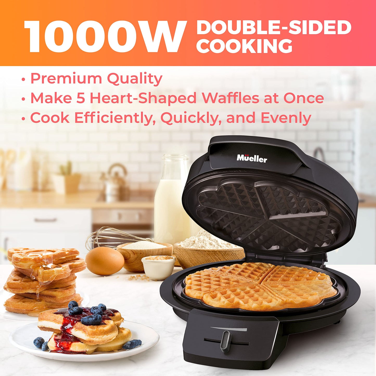 MÜELLERHOME Heart Waffle Maker with Adjustable Control