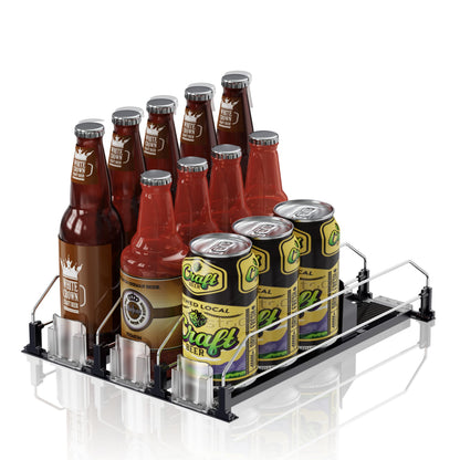 JUNMEI Drink Organizer for Fridge，12oz 16oz 20oz - Soda Can Dispenser for Refrigerator，Width Adjustable，Automatic Pusher Glide，15" D, Black，3 ROWS