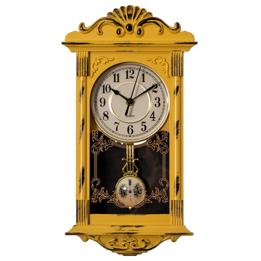 Vintage Grandfather-Style Wall Clock - Yellow Distressed