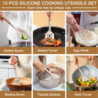 Kitchen Utensils Set- 13 Pcs Cooking Utensils with Tongs, Spoon Spatula &Turner Made of Heat Resistant Food Grade Silicone and Wooden Handles Kitchen Gadgets Tools Set for Nonstick Cookware (Khaki)