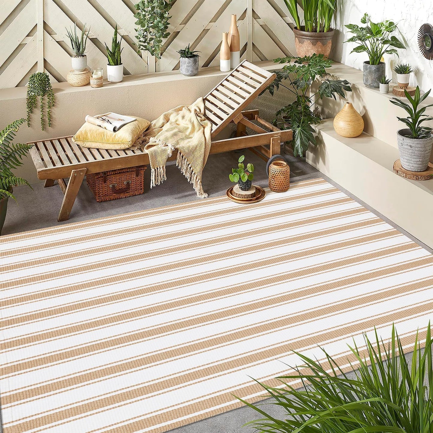 LEEVAN Indoor Outdoor Rug 5x7ft, Tan Washable Patio Rug, Reversible Living Room Carpet, Cotton Woven Camping Rug Clearance, Outside Striped Deck Carpet for Backyard/Pool