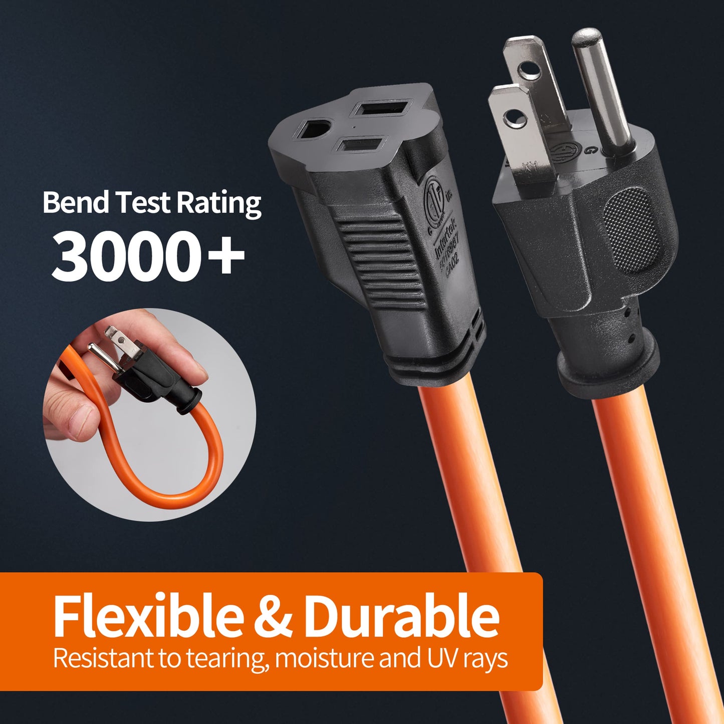 KTMC 50ft 16AWG Outdoor Extension Cord, Indoor/Outdoor 50-Foot SJTW 16/3 Gauge Extension Cable with Durable Weatherproof PVC Vinyl Jacket, 3-Prong Grounded Plug, ETL Certified 13A 1625W, Orange