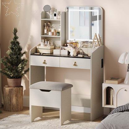 Vanity Desk with LED Mirror and Charging Station