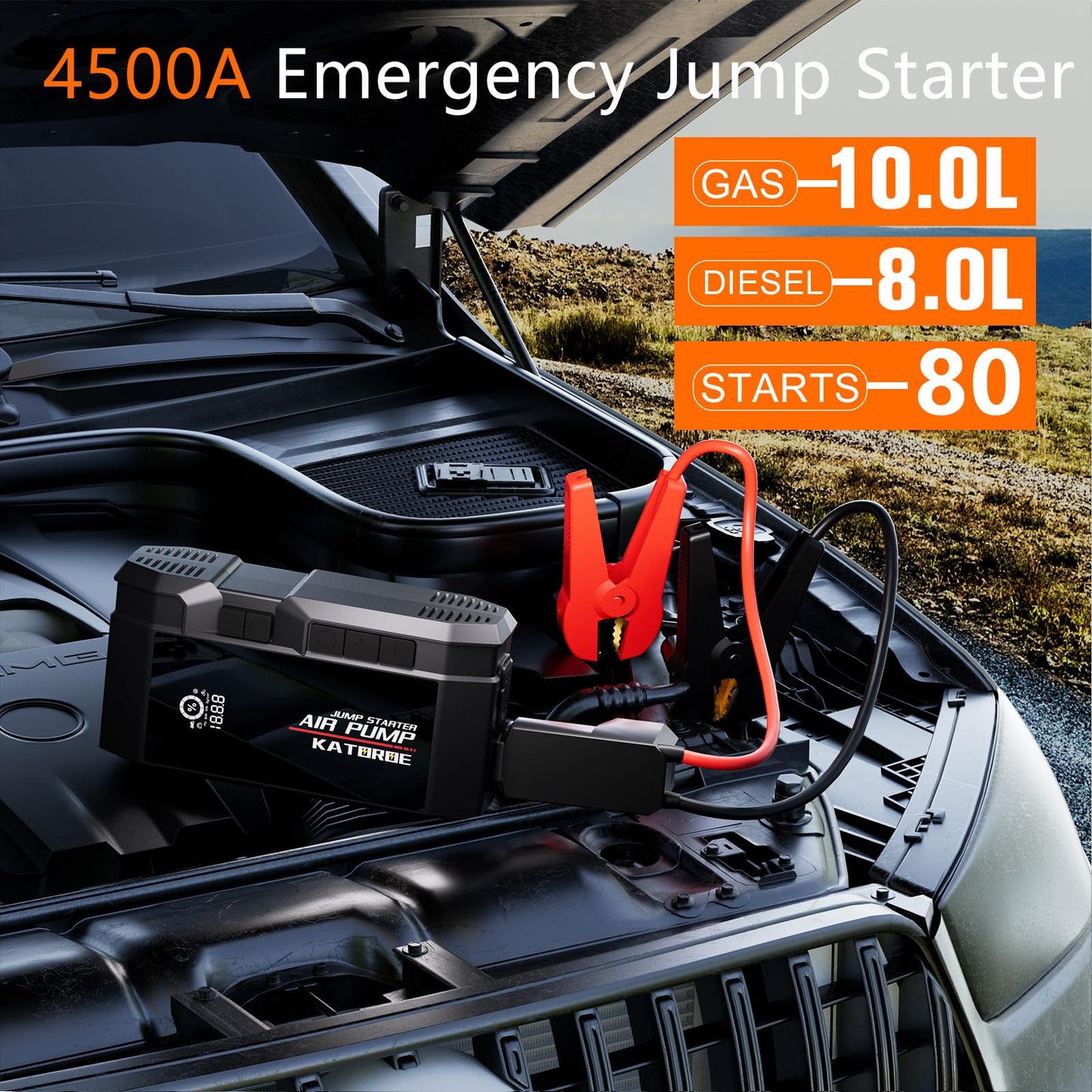 Car Jump Starter with Air Compressor, 4500A 160 PSI Portable Jump Starter Battery Pack (10.0L Gas/8.0L Diesel), 12V Jump Box Car Battery Jump Starter with 80 Starts, QC 3.0, Large Display, Flashlight