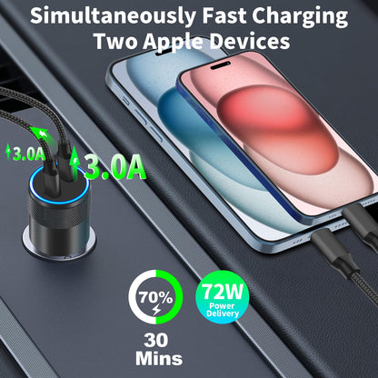 [Apple MFi Certified] iPhone 16 Car Charger Fast Charging, Braveridge 72W Dual PD Car Power Cigarette Lighter USB-C Car Charger + 2Pack Type-C Braided Cable for iPhone 16 Pro/16 Pro Max/15/15 Pro/iPad