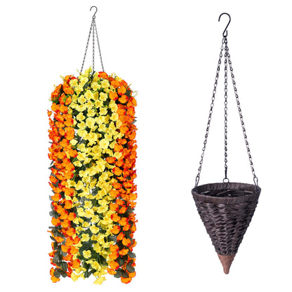 Artificial Faux Fall Autumn Hanging Flowers Plants Baskets for Outdoor Outside, Fake Orange Yellow Silk Orchid in Planter UV Resistant Realistic for Home Porch Patio Balcony Garden Yard