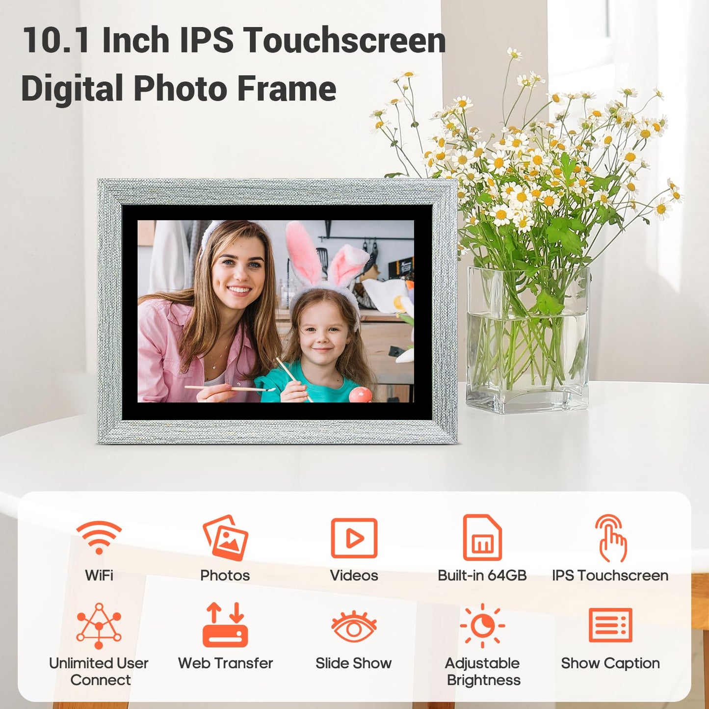 10.1 Inch WiFi Digital Picture Frame, IPS Touch Screen Smart Cloud Photo Frame with 16GB Storage, Auto Rotate, Wall Mountable, Easy Setup to Upload Photos/Videos via FRAMEO App (Wooden)