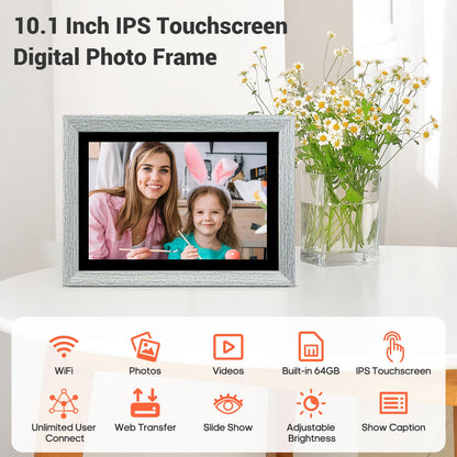 10.1 Inch WiFi Digital Picture Frame, IPS Touch Screen Smart Cloud Photo Frame with 16GB Storage, Auto Rotate, Wall Mountable, Easy Setup to Upload Photos/Videos via FRAMEO App (Wooden)