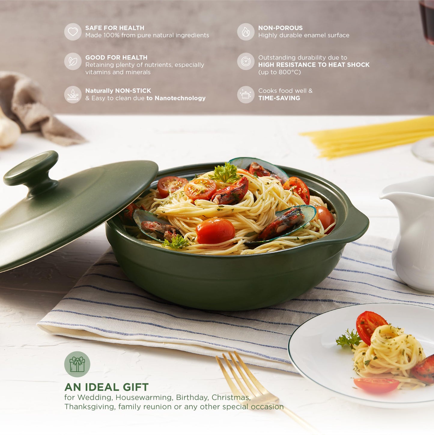 Minh Long 1qt Porcelain Cooking Pots, Clay Pot for Cooking, Dutch Oven, Casserole Dish with Lid, Use for slow cook, stew, braise, boil,..Compatible with gas & infrared cooktop (Luna - Green, 1.06qt)