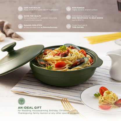 Minh Long 1qt Porcelain Cooking Pots, Clay Pot for Cooking, Dutch Oven, Casserole Dish with Lid, Use for slow cook, stew, braise, boil,..Compatible with gas & infrared cooktop (Luna - Green, 1.06qt)