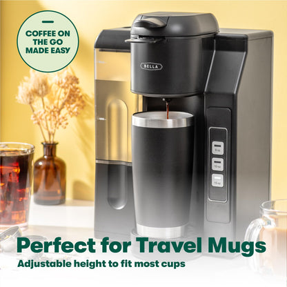 Bella Single Serve Coffee Maker, Dual Brew, K-cup Compatible - Ground Coffee Brewer with Removable Water Tank & Adjustable Drip Tray, Perfect for Travel Mug, 1200 watts, Black