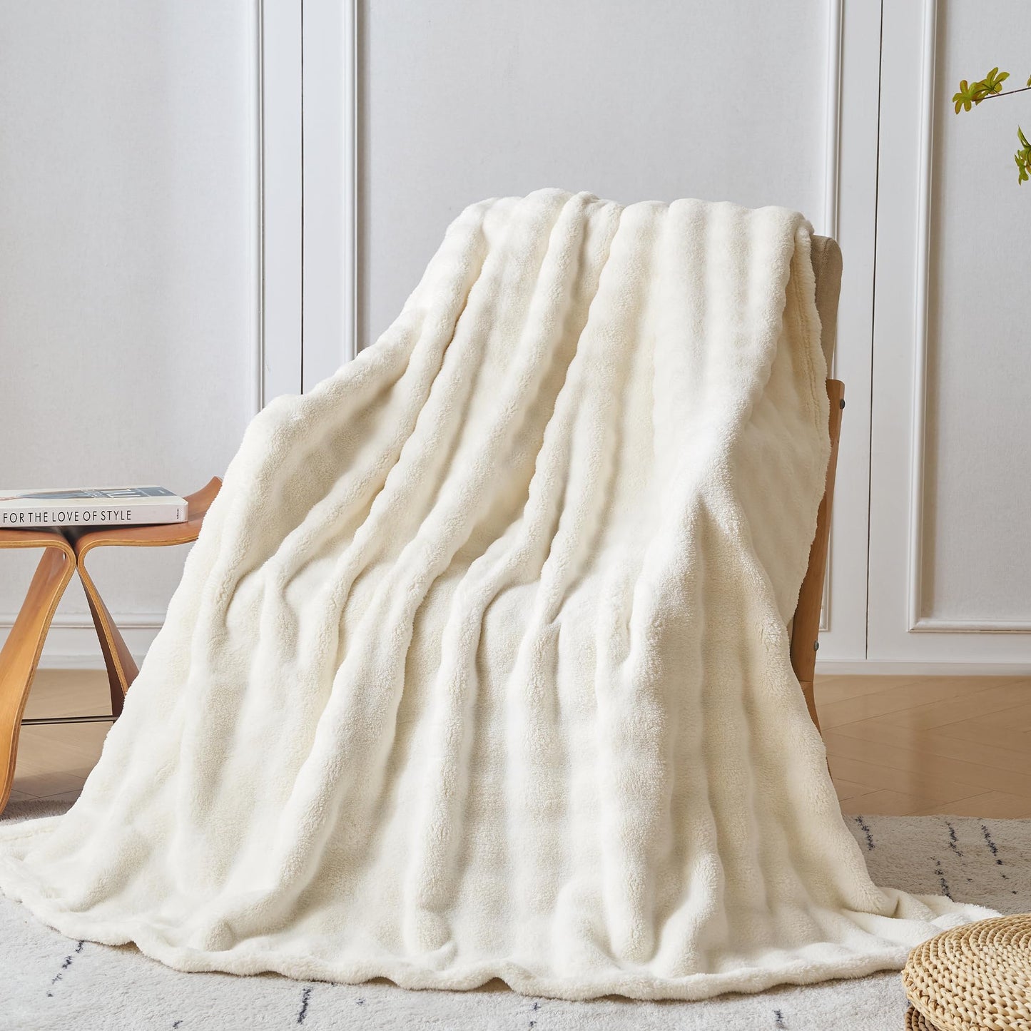 COOVA Super Soft Fuzzy Throw Blanket, Ivory