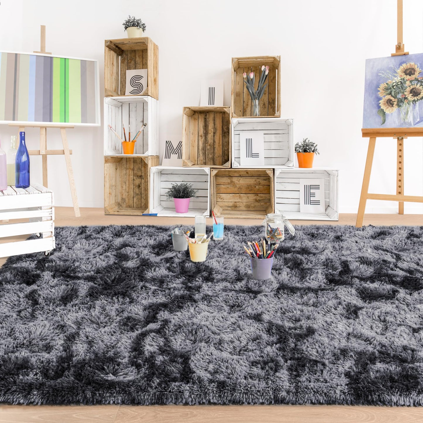 Foxmas Shag Rugs for Bedroom Living Room, 5x7Ft Soft Fluffy Tie-Dyed Rug for Kids Room with Non-Slip Backing, High Pile Nursery Carpets Fuzzy Boys Girls Dorm Home Decor Aesthetic, Dark Grey