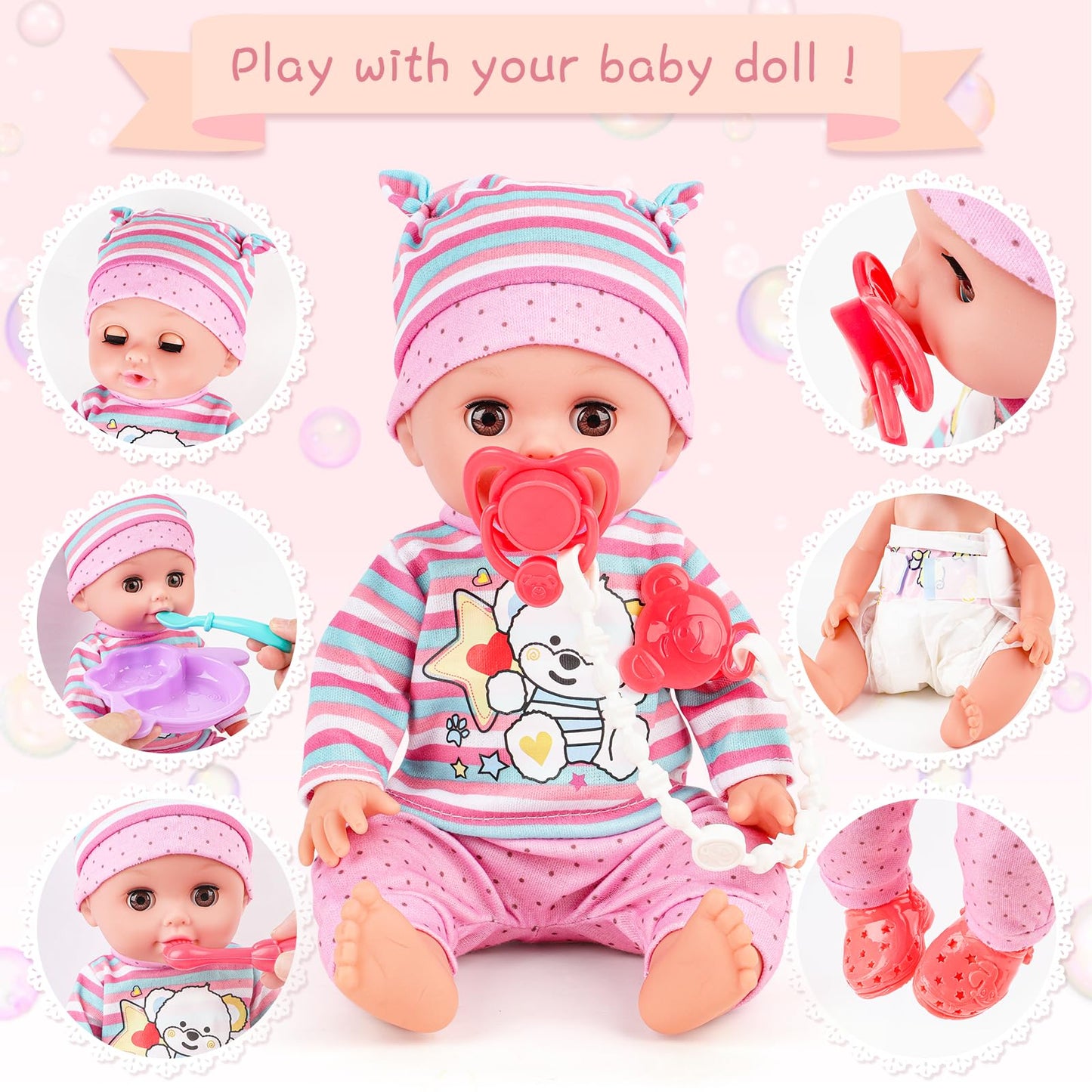 deAO 12 Inch Baby Doll Set 26 PCS Doll Playset with Bathroom Sink,Toilet,Bathtub and Accessories,Pretend Play Doll Toys with Sound and Light for 3 4 5 6 7 8 Years Old Kids Girls Boys