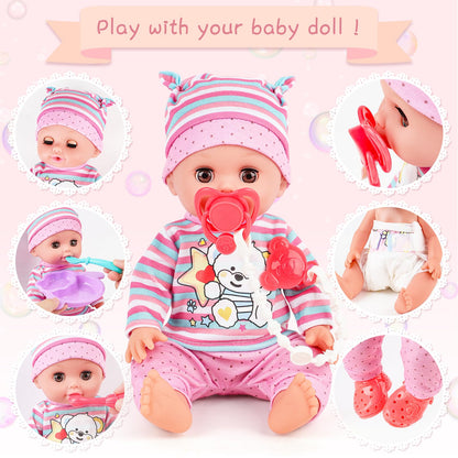 deAO 12 Inch Baby Doll Set 26 PCS Doll Playset with Bathroom Sink,Toilet,Bathtub and Accessories,Pretend Play Doll Toys with Sound and Light for 3 4 5 6 7 8 Years Old Kids Girls Boys