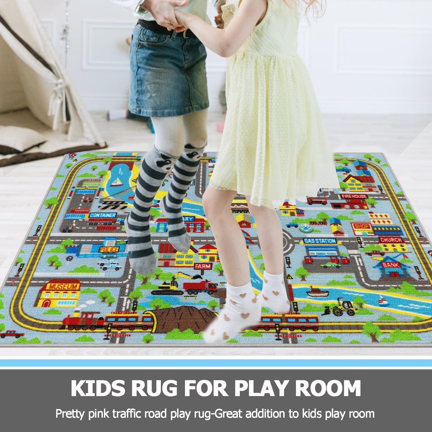 Kids Play Area Rug Cars Traffic Road Design