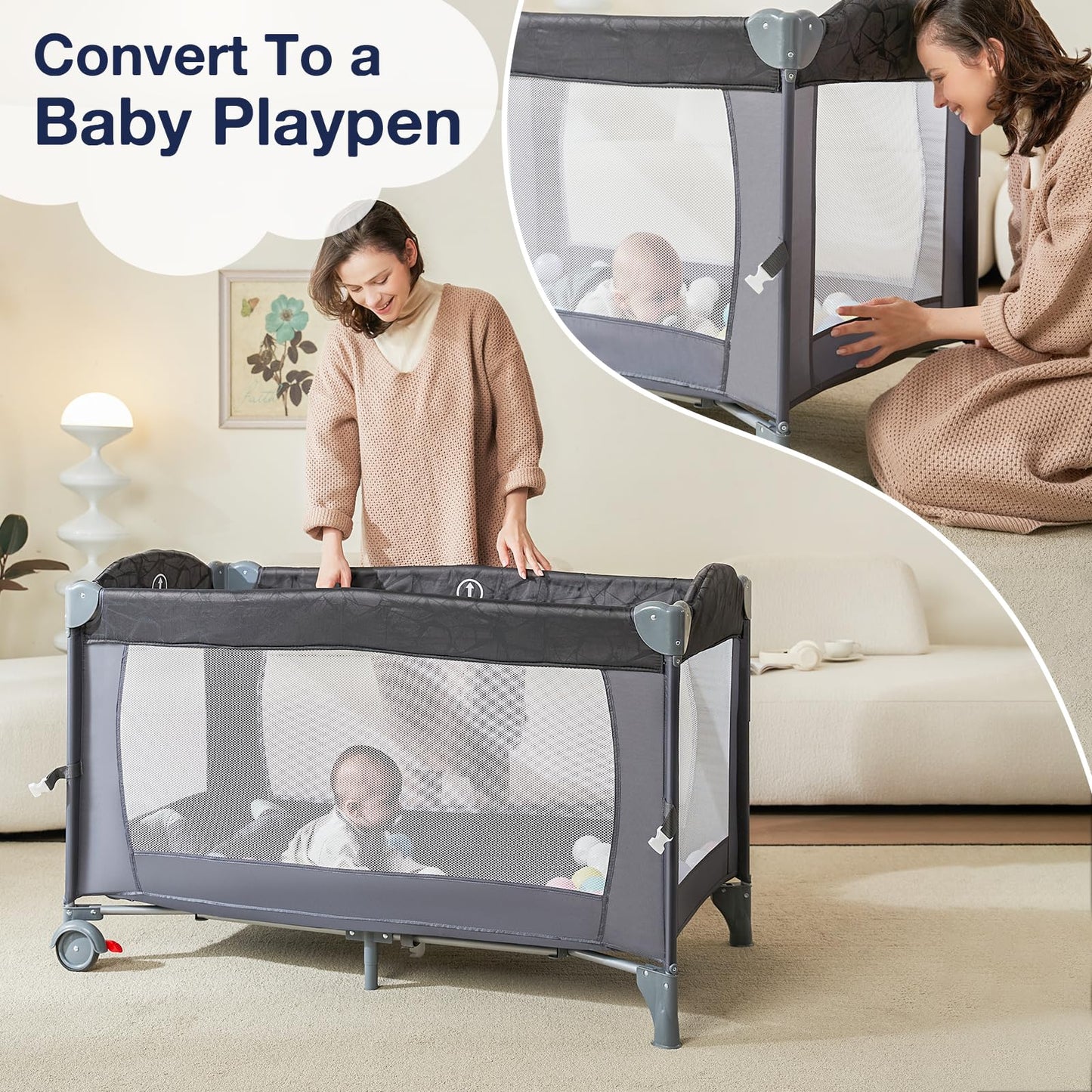 RONBEI 4-in-1 Portable Baby Crib Playard