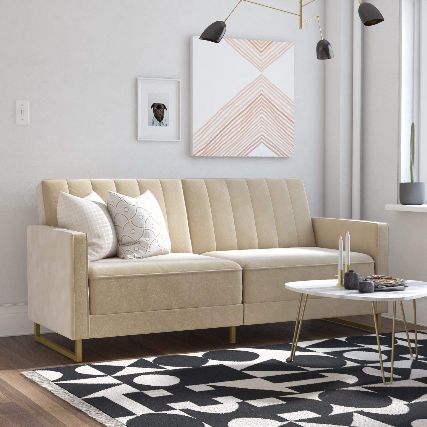 Novogratz Velvet Futon Sofa Bed with Metal Legs