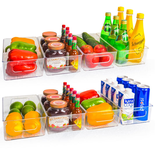 Hourleey 8 Pack Refrigerator Organizer, 10" Small Size Clear Plastic Fridge Storage with Cutout Handles, Kitchen Storage for Fridge, Freezer, Kitchen Cabinet, Pantry Organization and Storage