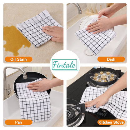 Fintale 100% Cotton Dish Cloths - Soft, Super Absorbent and No Lint Dish Towels for Kitchen - Good for Drying and Washing Dishes - 6 Pack (Lattice Designed, Black) - 12 x 12 Inches