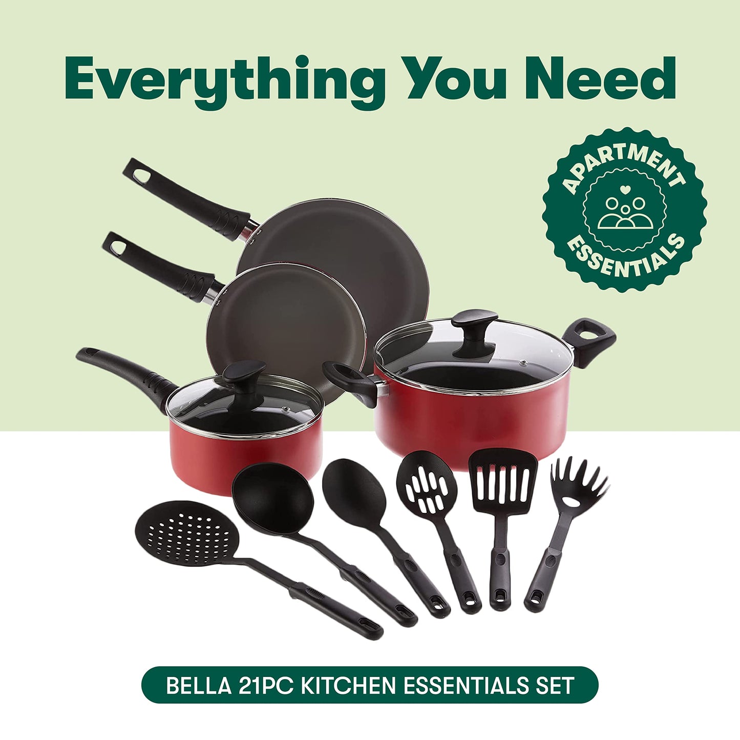 BELLA Cookware Set, 12 Piece Pots and Pans with Utensils, Nonstick Scratch Resistant Cooking Surface Compatible with All Stoves, Nylon and Aluminum, Red