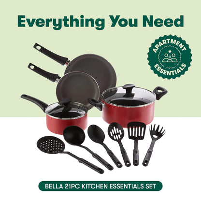 BELLA Cookware Set, 12 Piece Pots and Pans with Utensils, Nonstick Scratch Resistant Cooking Surface Compatible with All Stoves, Nylon and Aluminum, Red