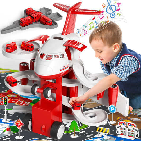 iHaHa Firetruck Garage Parking Lot Playset Toy Airplane with 14 Road Signs 4 Inertial Cars 1 Map
