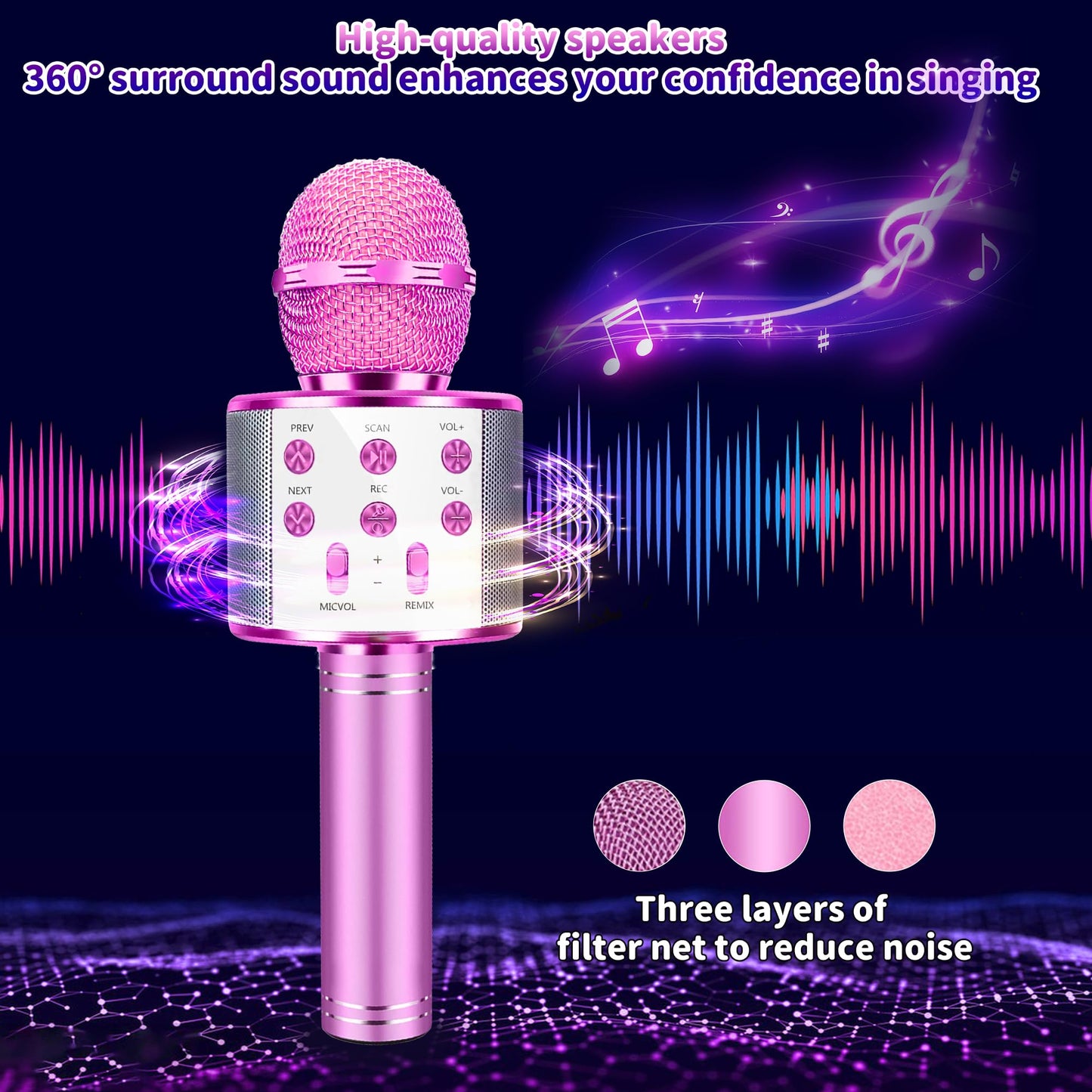 Justcool 5-in-1 Wireless Bluetooth Microphone for Kids, Portable Handheld Karaoke Mic Speaker Player Recorder, Suitable for Singing, Recording, Playing, and Traveling, Rose Pink