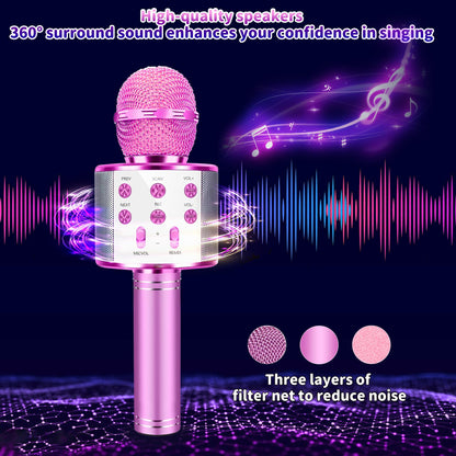 Justcool 5-in-1 Wireless Bluetooth Microphone for Kids, Portable Handheld Karaoke Mic Speaker Player Recorder, Suitable for Singing, Recording, Playing, and Traveling, Rose Pink