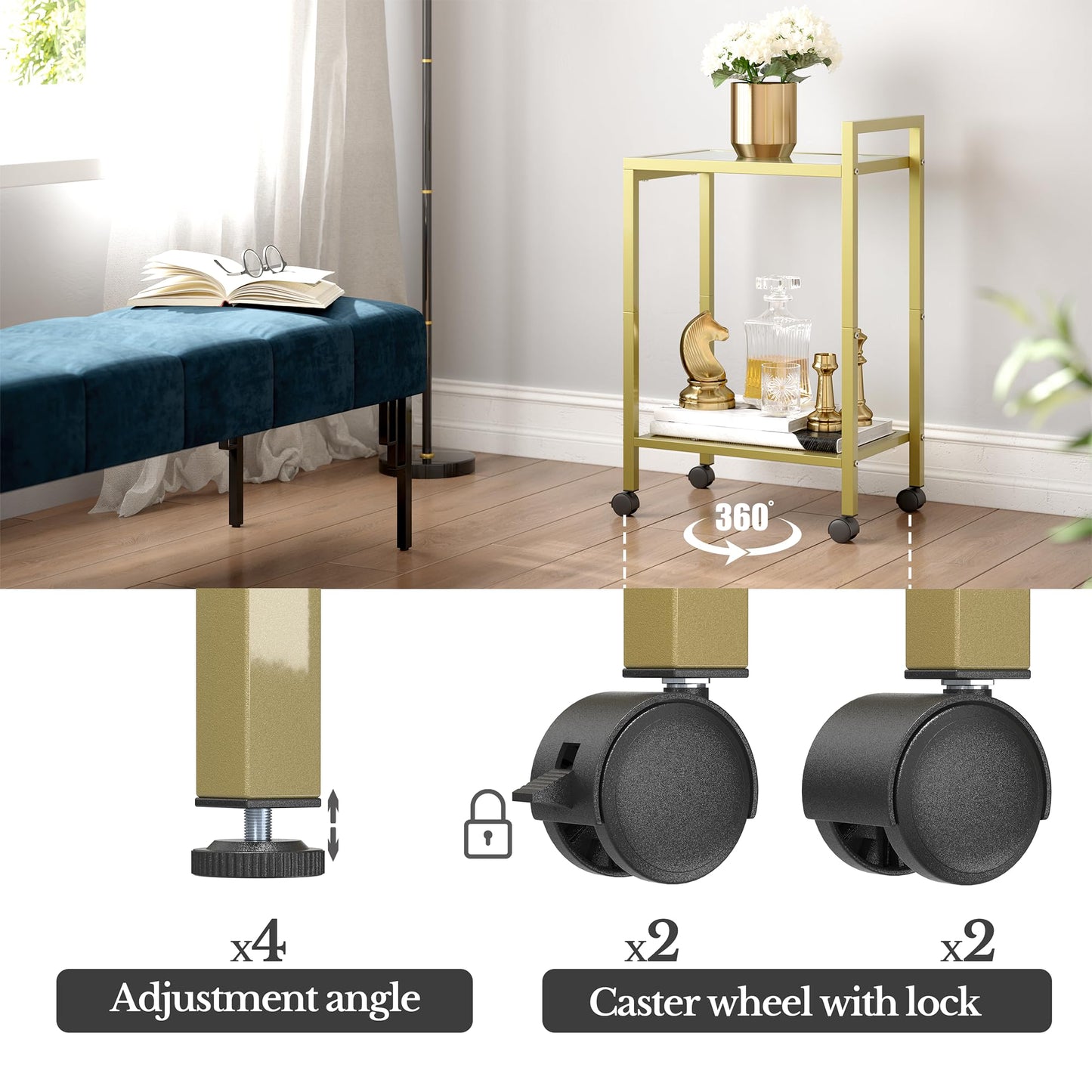 Waissdea 2-Tier Side Table，Mobile Side Table, End Tables with Tempered Glass, Narrow Side Table with Storage Shelves, for Living Room Bedroom Home Decor (Gold)