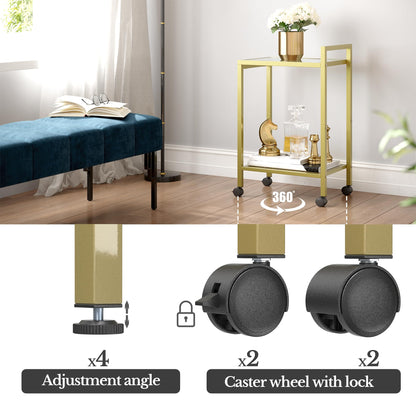 Waissdea 2-Tier Side Table，Mobile Side Table, End Tables with Tempered Glass, Narrow Side Table with Storage Shelves, for Living Room Bedroom Home Decor (Gold)