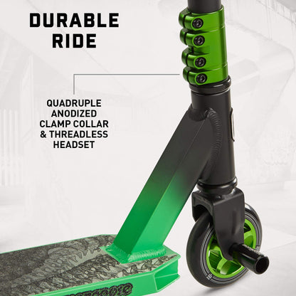 Mongoose Rise 100 Pro Freestyle Stunt/Trick Scooter, Lightweight Alloy Deck & Heavy-Duty Frame Up to 220 lbs., T-Bar Handlebar w/ Bike-Style Grip, High Impact 100mm Wheels, Black/Green