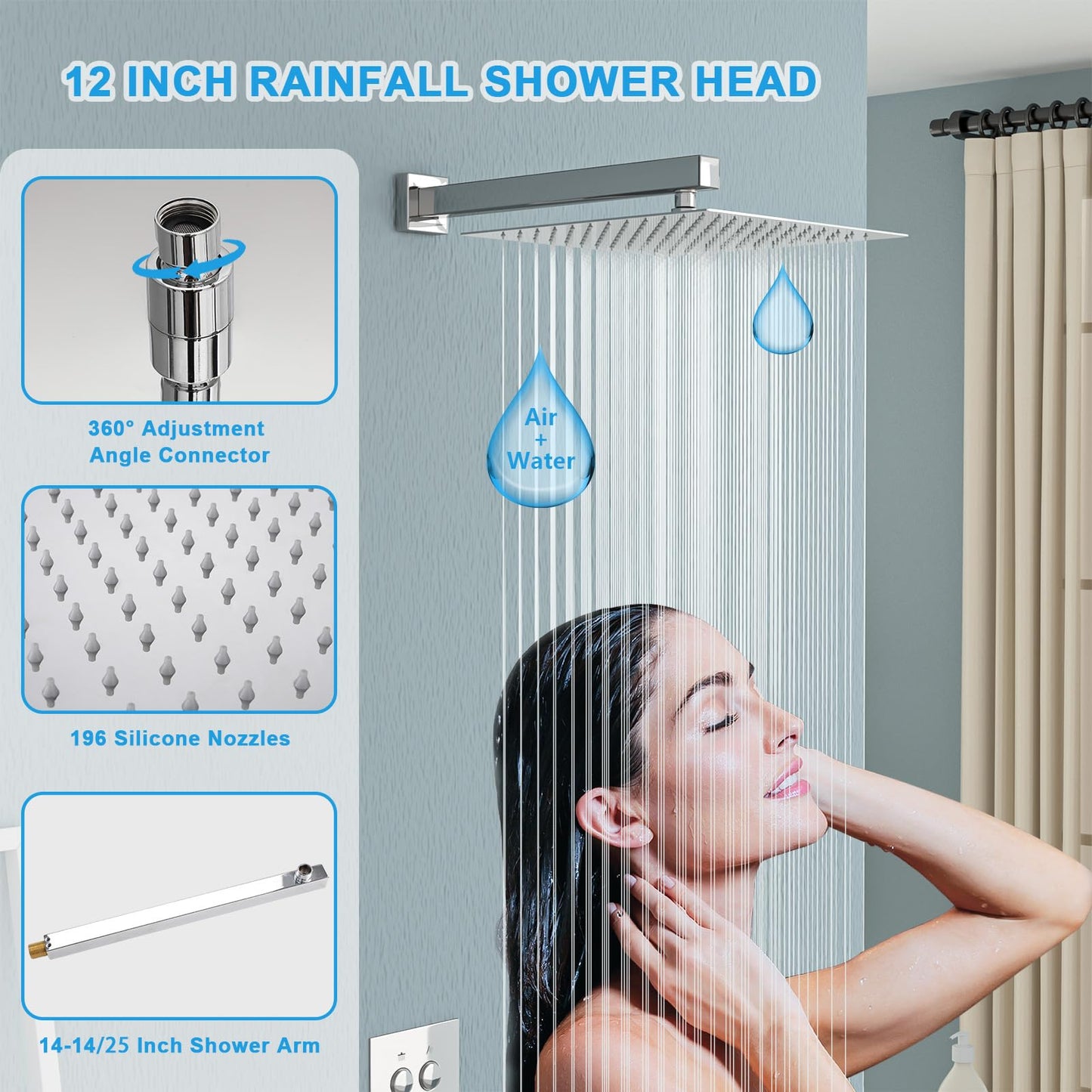 Lordear Shower System 12 Inch Shower Head,Shower Faucet Set Wall Mounted Chrome Finish Stainless Steel Shower Head and Handheld,Button Adjustment,Brass Main Body Shower Valve Included