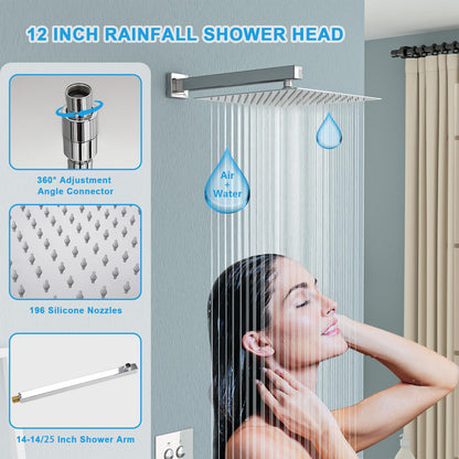 Lordear Shower System 12 Inch Shower Head,Shower Faucet Set Wall Mounted Chrome Finish Stainless Steel Shower Head and Handheld,Button Adjustment,Brass Main Body Shower Valve Included