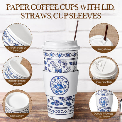 Sherr 100 Pack Paper Coffee Cups Disposable Coffee Cups with Lids Coffee Cups with Sleeves and Straws Blue and White Paper Coffee Cups Floral Pattern Paper Cups for Office, Home, Tea Party (20 oz)