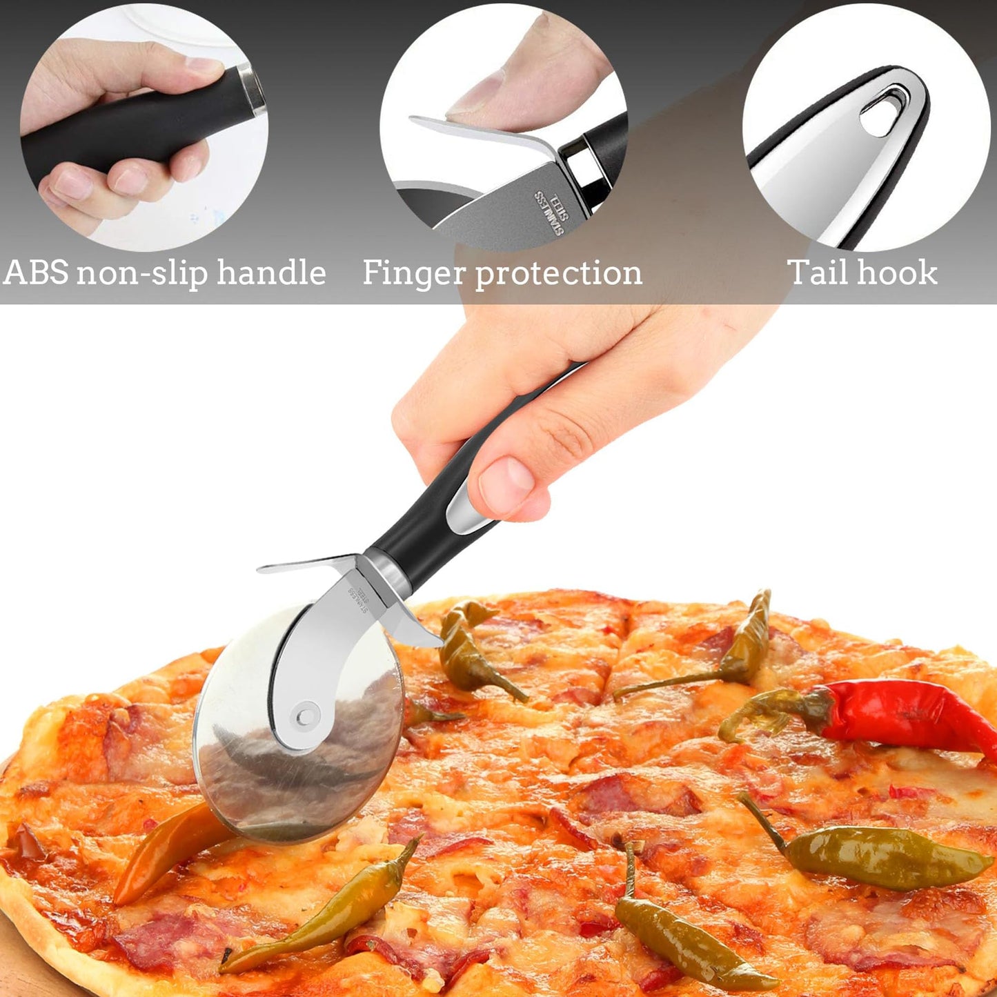 Stainless Steel Pizza Cutter Wheel with Finger Guard - Durable 3 Inch Pizza Slicer, Easy to Clean - Comfortably Cuts Any Size Pizza, Essential Pizza Tool