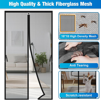 Aystkniet Upgraded Magnetic Screen Door for 30 x 80 Inch Door with 20cm Long Magnet, Reinforced Fiberglass Door Mesh for Front/French and Patio Doors, with Keep Open Strap, Self-Sealing, Hands-Free