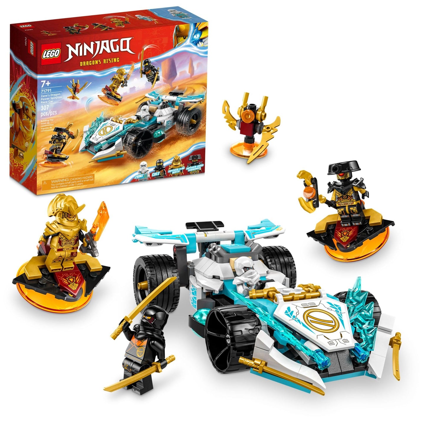 LEGO NINJAGO Zane’s Dragon Power Spinjitzu Race Car 71791 Building Toy Set, Features a Ninja Car, 2 Hover Flyers, Dragon Toy, and 4 Minifigures, Gift for Kids Aged 7+